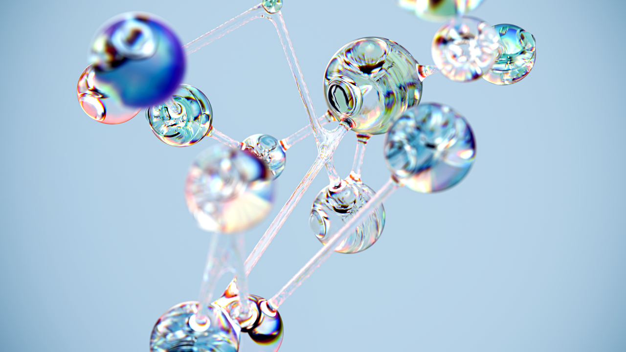 mission-02 Flowing glass-like molecular structure in blue. Conceptual digital art with a tech twist.
