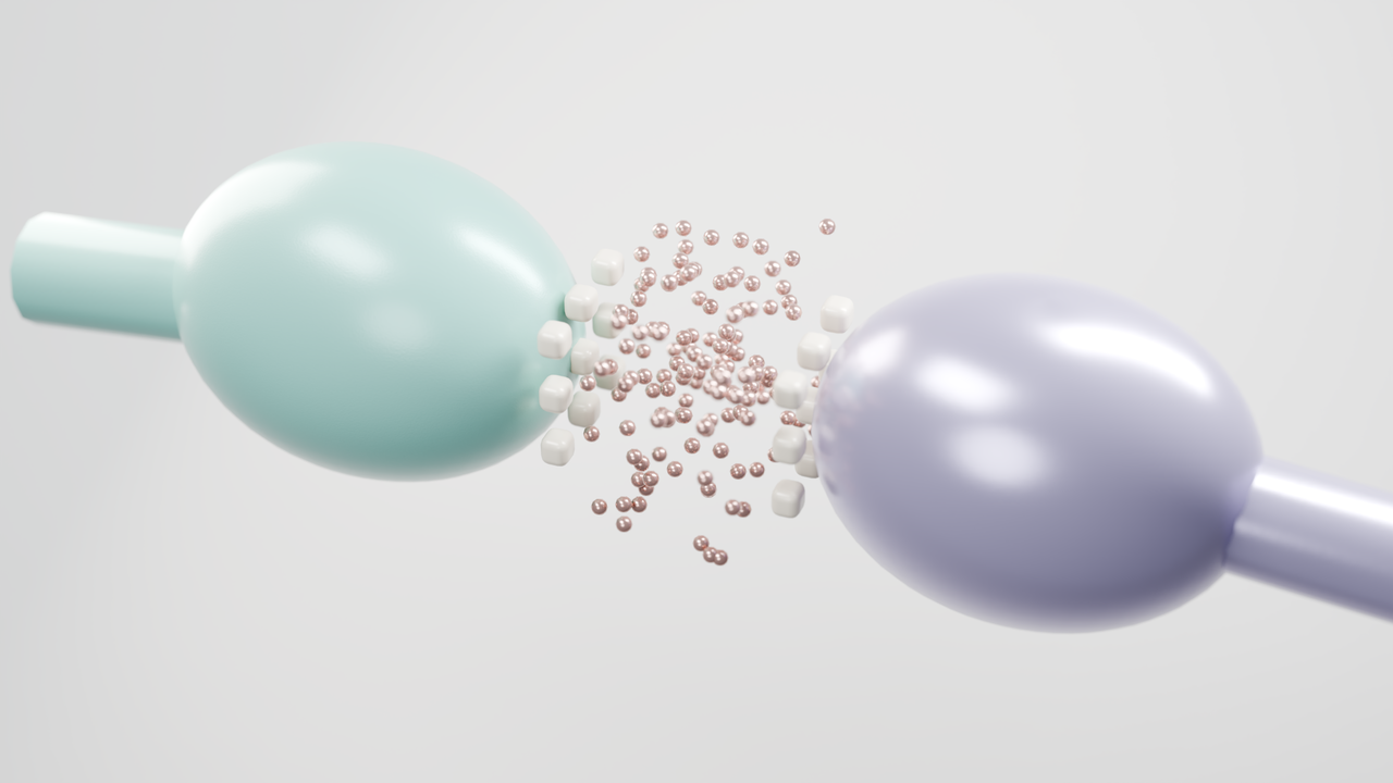 why-choose-us-02 3D render depicting pastel-colored geometric shapes and tiny spheres in motion.